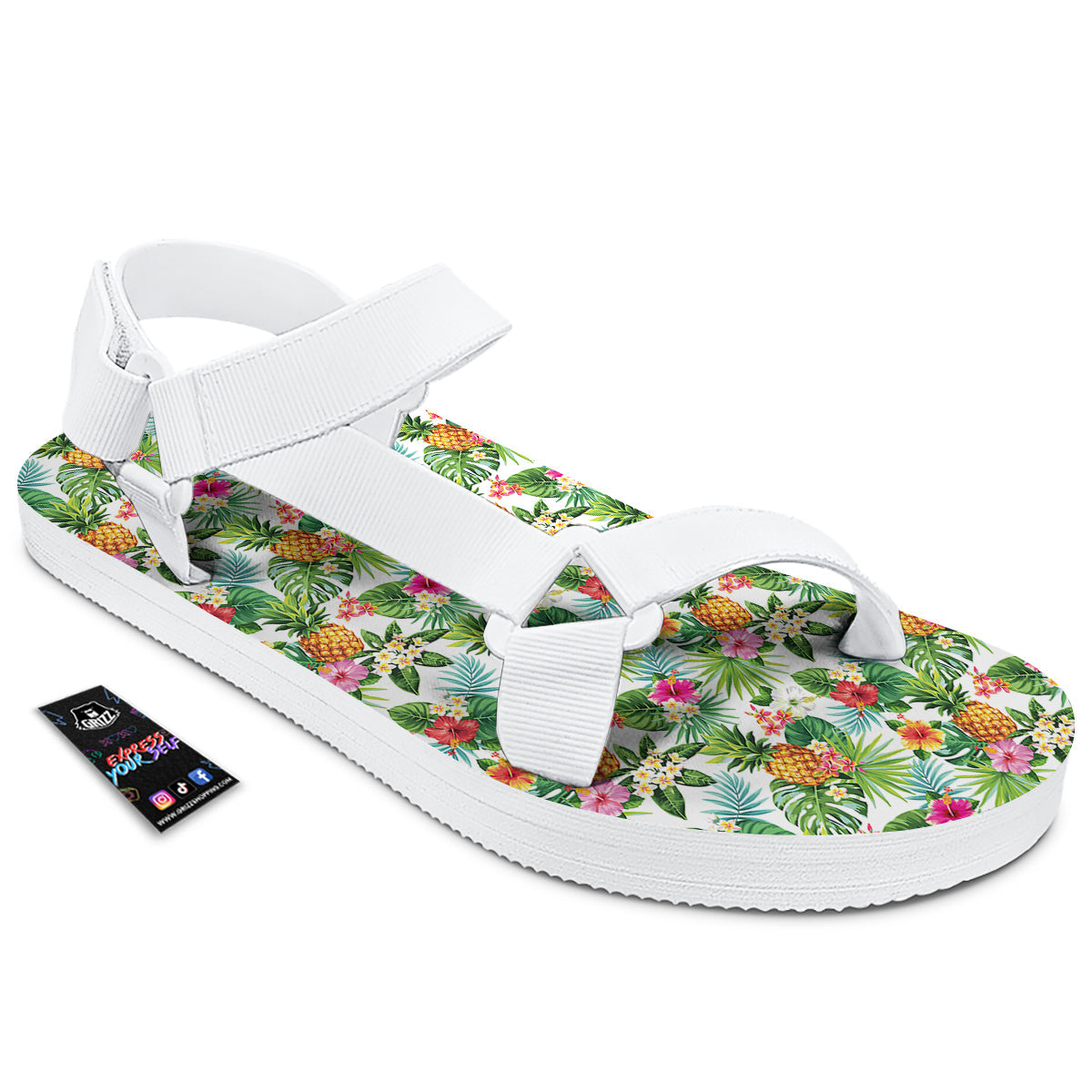 Pineapple Aloha Hawaiian Print Pattern White Open Toe Sandals-grizzshop