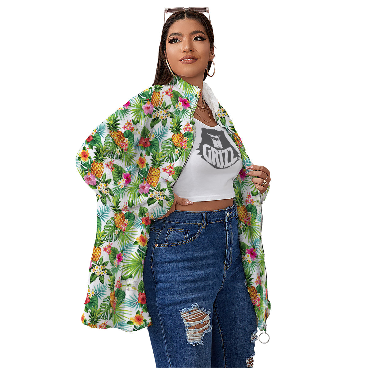 Pineapple Aloha Hawaiian Print Pattern Women's Sherpa Jacket-grizzshop