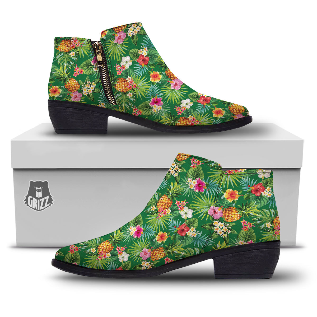 Pineapple Aloha Hibiscus Print Pattern Ankle Boots-grizzshop