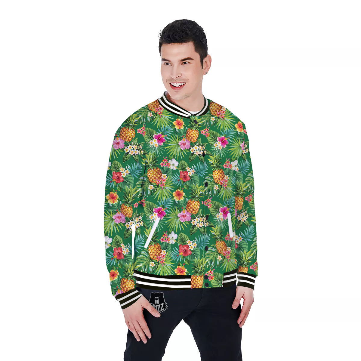 Pineapple Aloha Hibiscus Print Pattern Baseball Jacket-grizzshop
