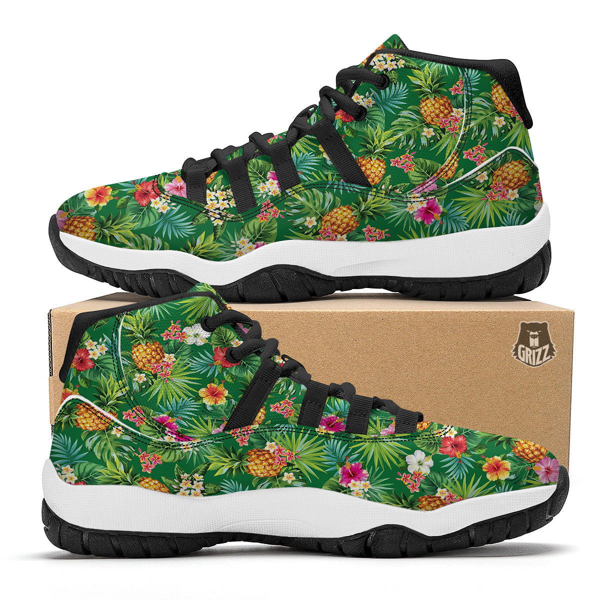 Pineapple Aloha Hibiscus Print Pattern Black Bball Shoes-grizzshop
