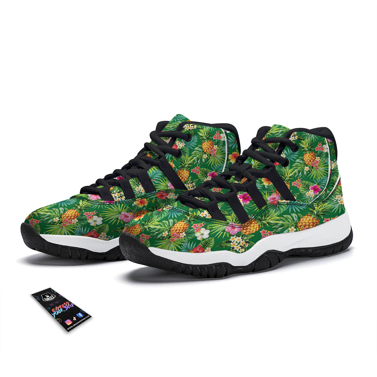 Pineapple Aloha Hibiscus Print Pattern Black Bball Shoes-grizzshop