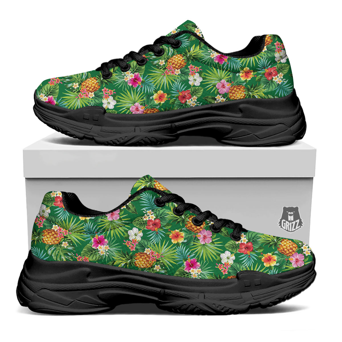 Pineapple Aloha Hibiscus Print Pattern Black Chunky Shoes-grizzshop