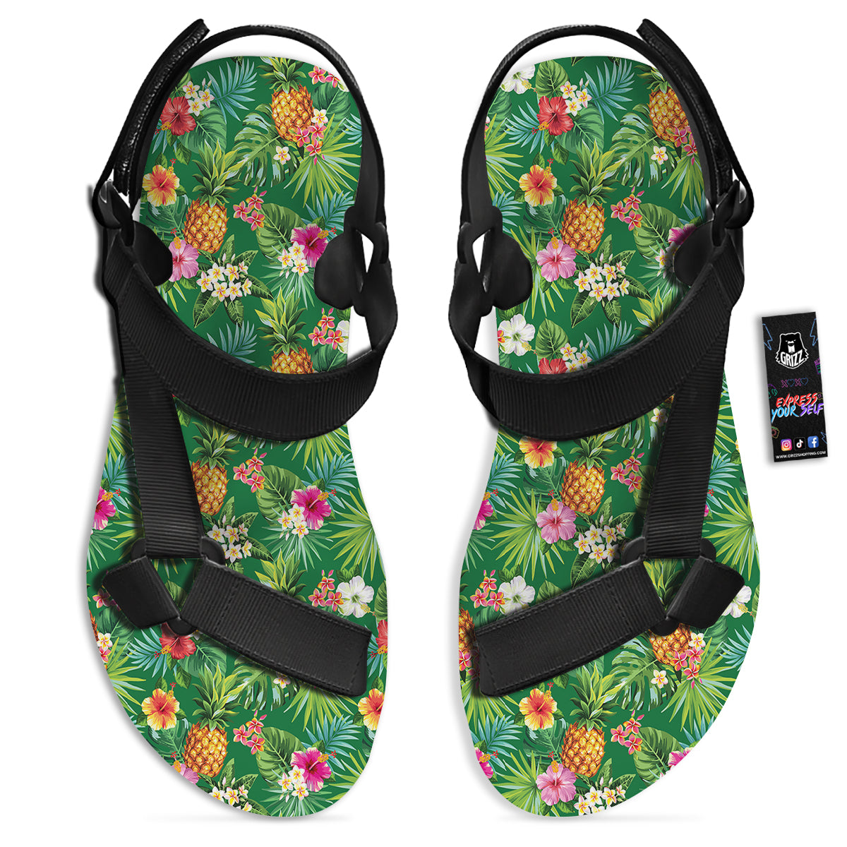 Pineapple Aloha Hibiscus Print Pattern Black Open Toe Sandals-grizzshop