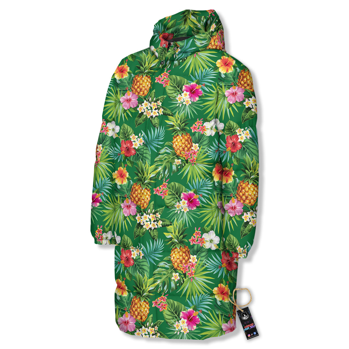 Pineapple Aloha Hibiscus Print Pattern Long Down Jacket-grizzshop