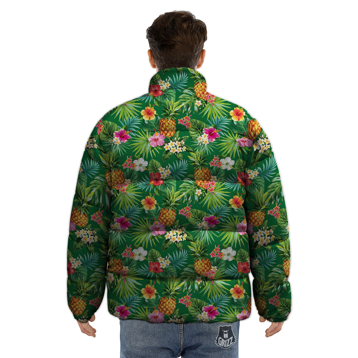 Pineapple Aloha Hibiscus Print Pattern Puffer Jacket-grizzshop