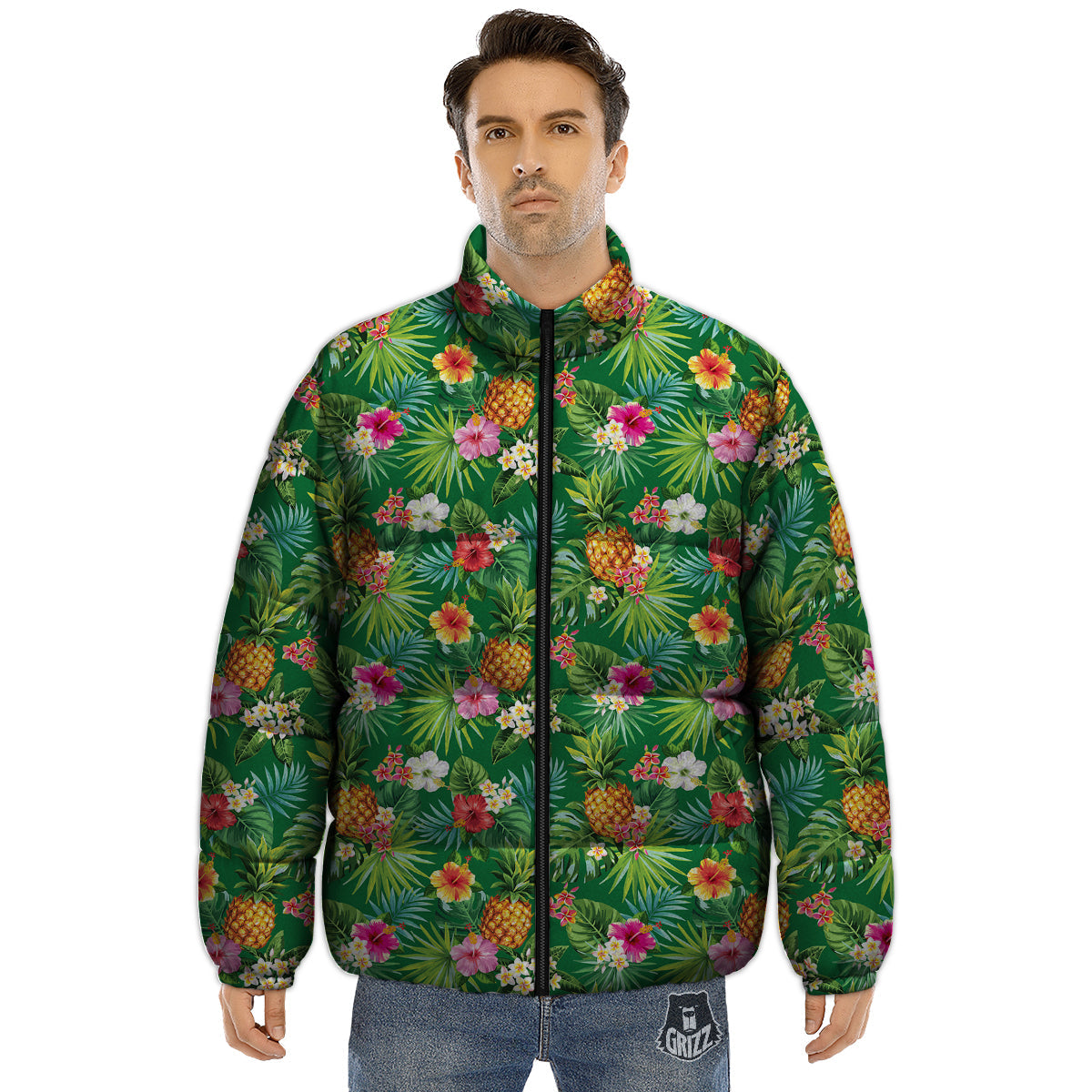 Pineapple Aloha Hibiscus Print Pattern Puffer Jacket-grizzshop