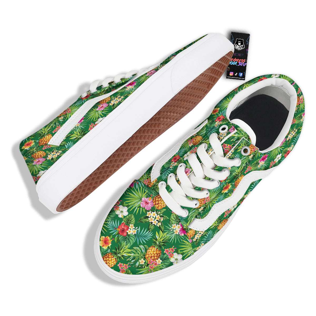 Pineapple Aloha Hibiscus Print Pattern Skate Shoes-grizzshop