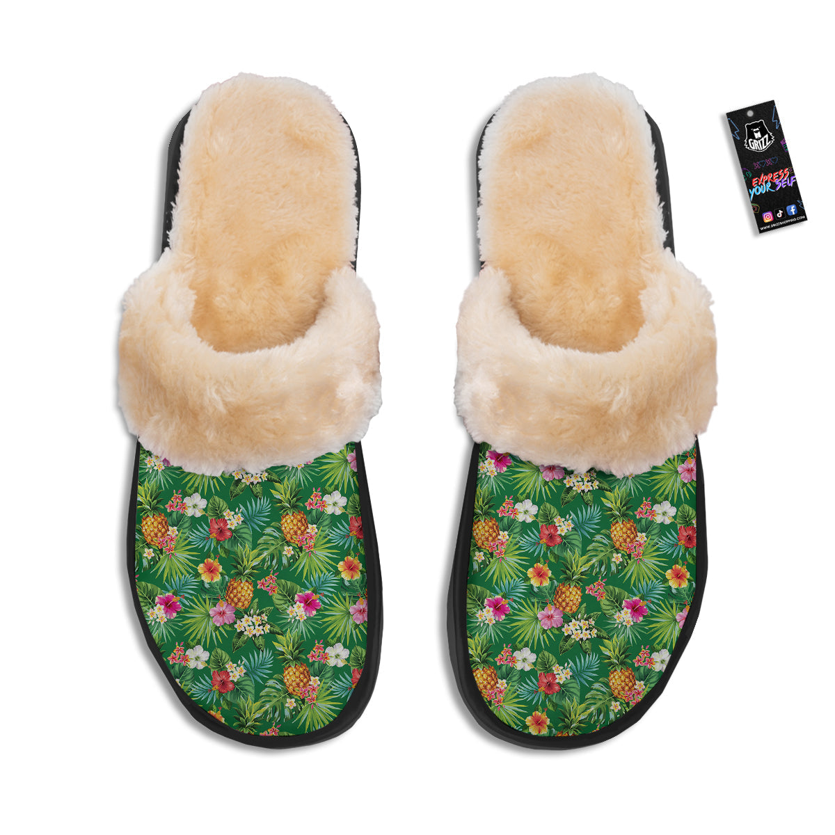 Pineapple Aloha Hibiscus Print Pattern Slippers-grizzshop