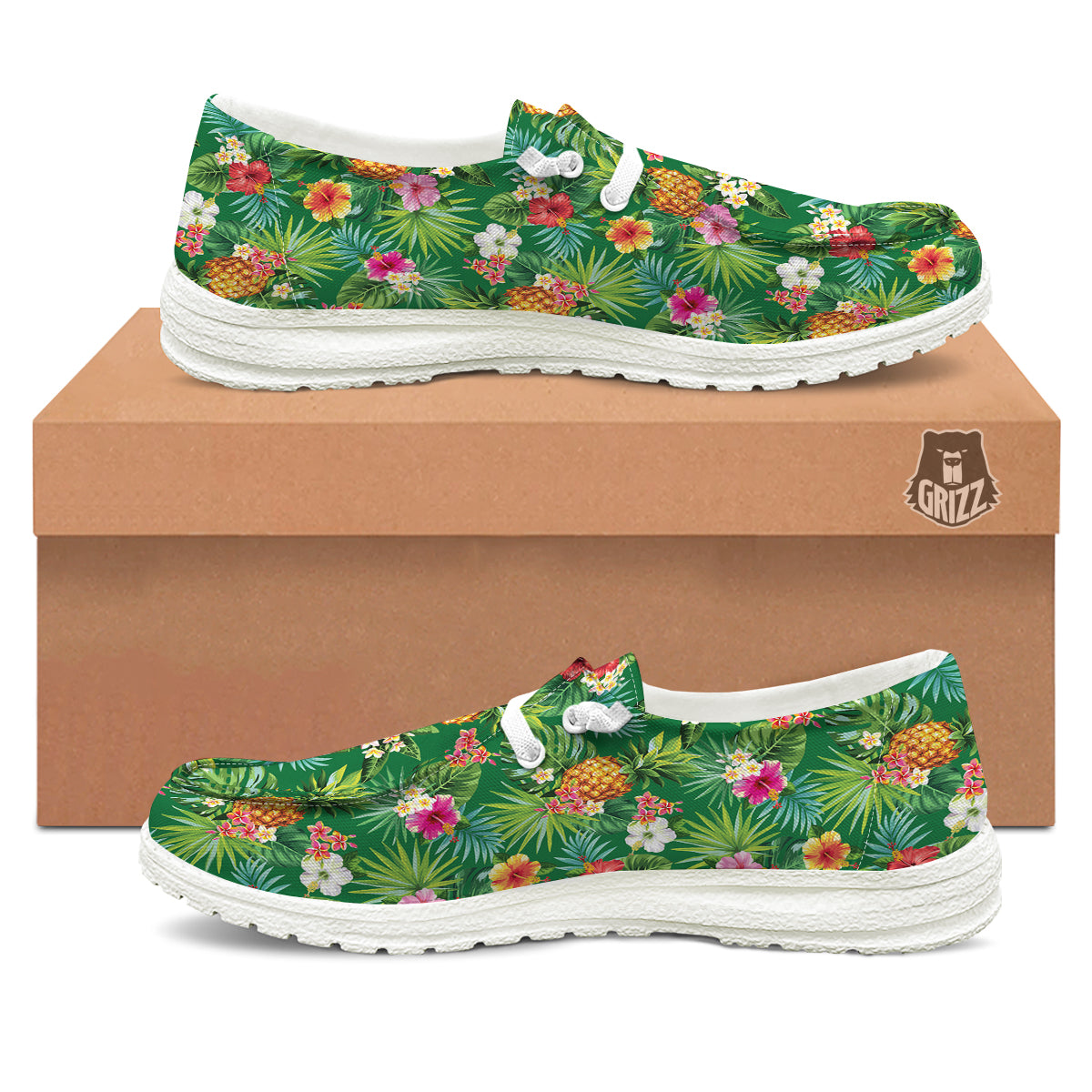 Pineapple Aloha Hibiscus Print Pattern White Loafers-grizzshop