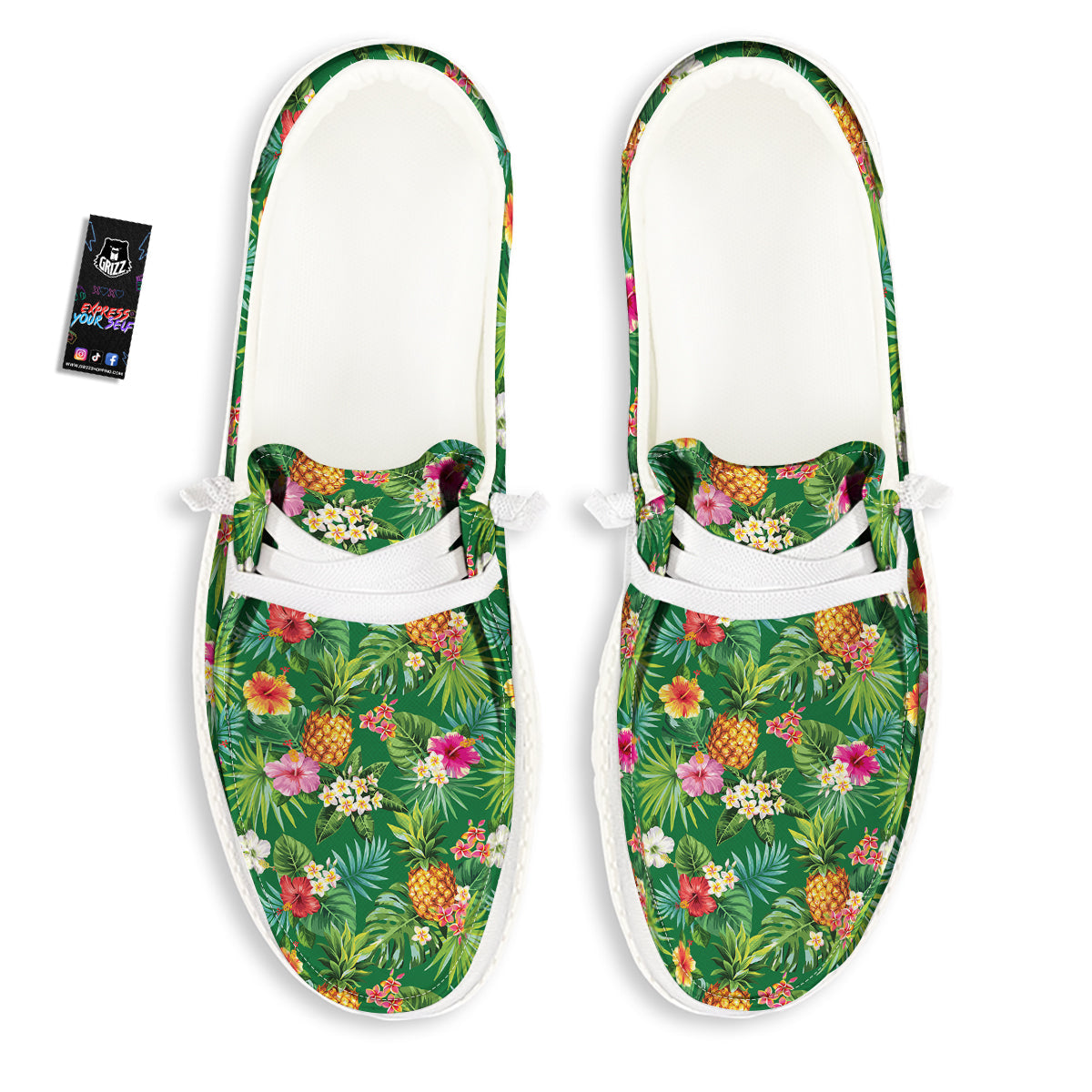 Pineapple Aloha Hibiscus Print Pattern White Loafers-grizzshop