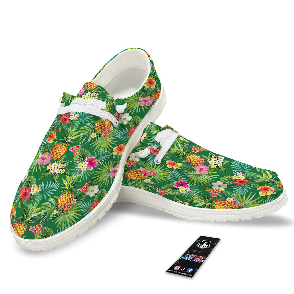 Pineapple Aloha Hibiscus Print Pattern White Loafers-grizzshop
