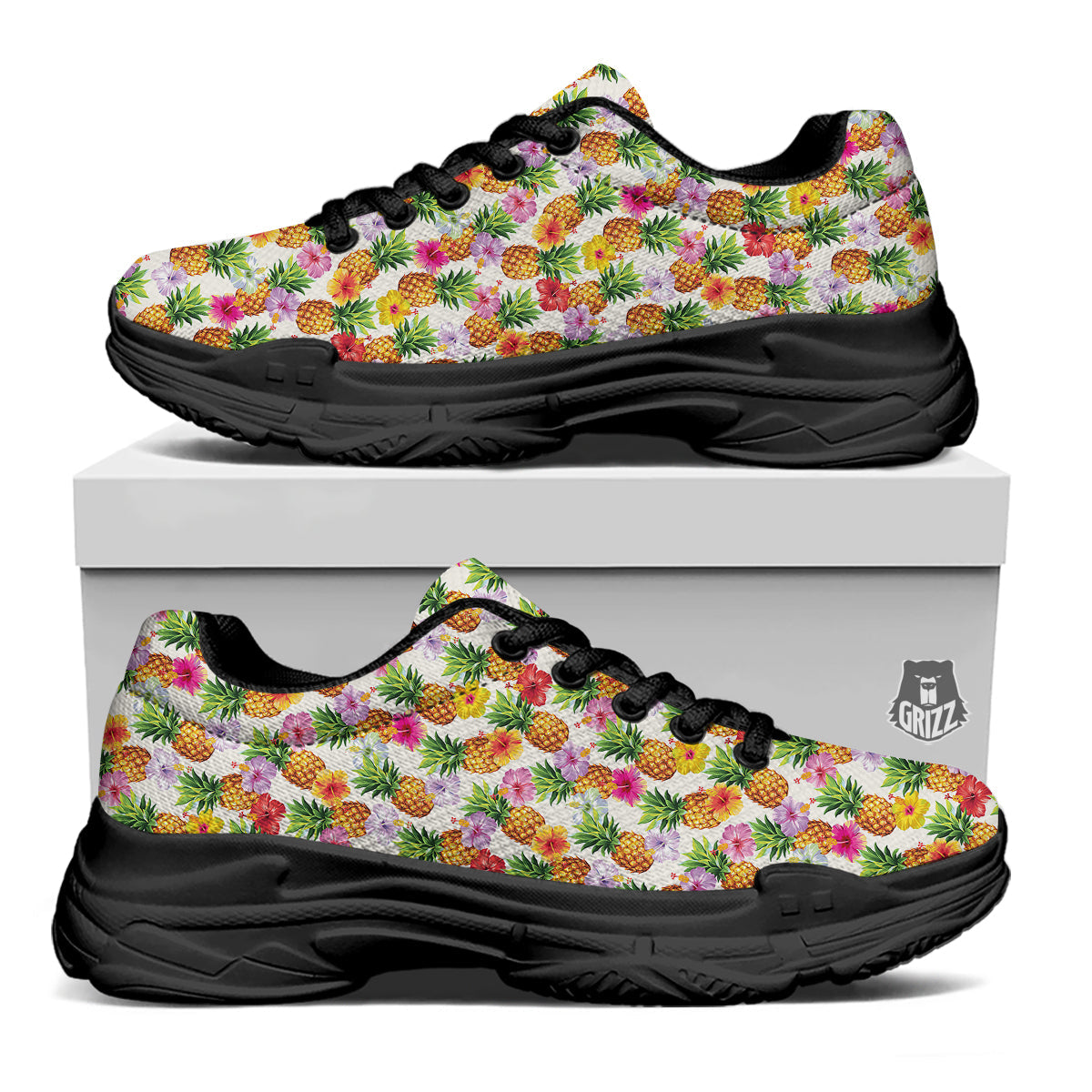 Pineapple Aloha Summer Print Pattern Black Chunky Shoes-grizzshop