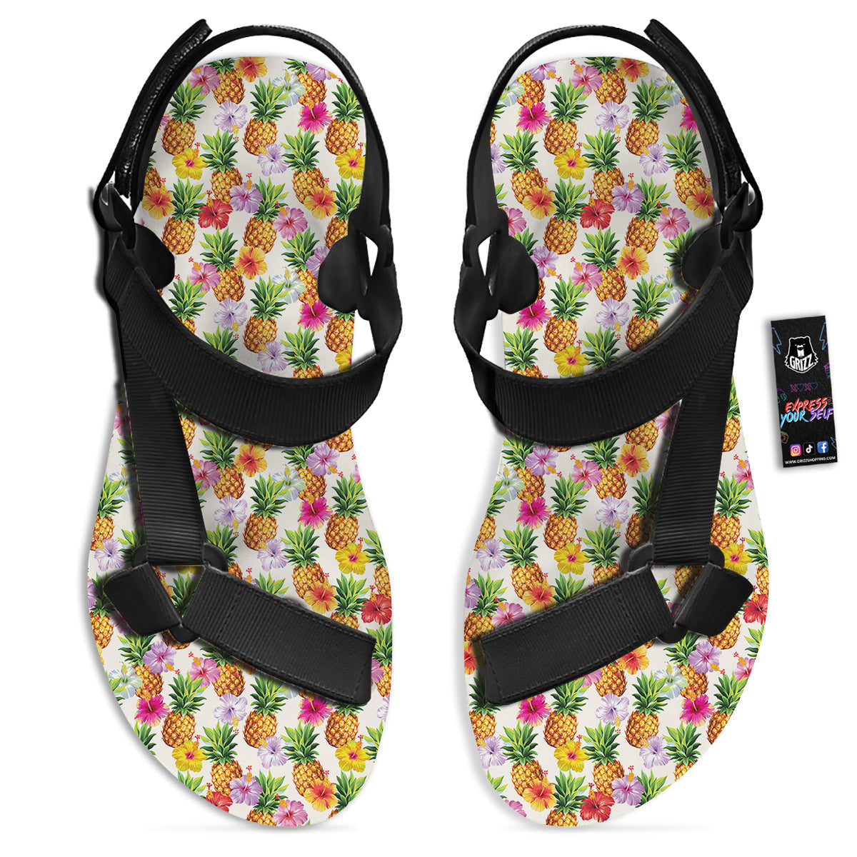 Pineapple Aloha Summer Print Pattern Black Open Toe Sandals-grizzshop