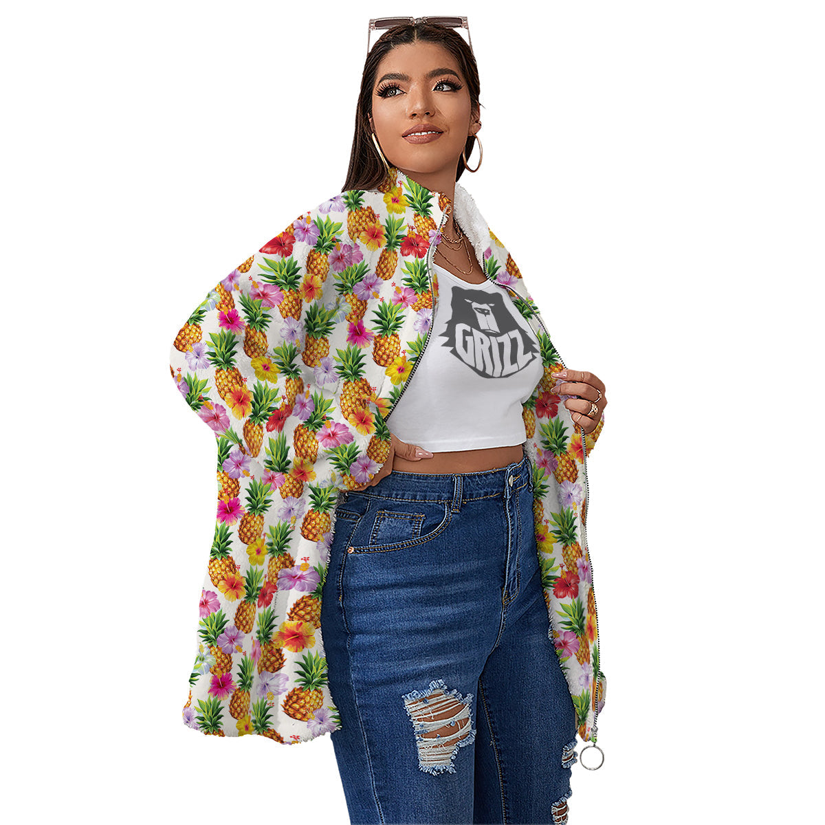 Pineapple Aloha Summer Print Pattern Women's Sherpa Jacket-grizzshop