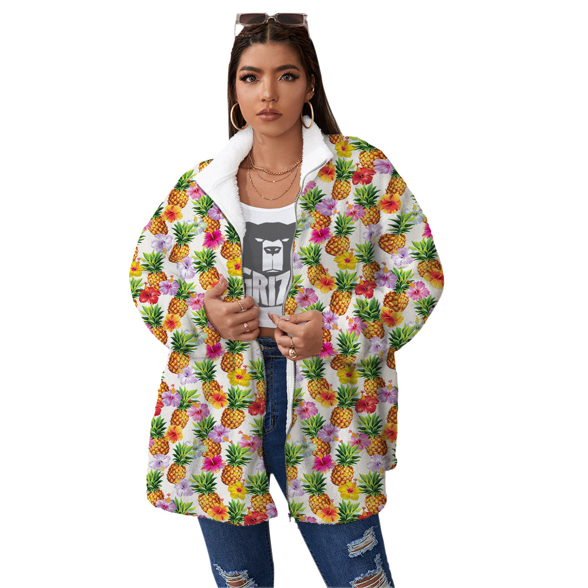 Pineapple Aloha Summer Print Pattern Women's Sherpa Jacket-grizzshop