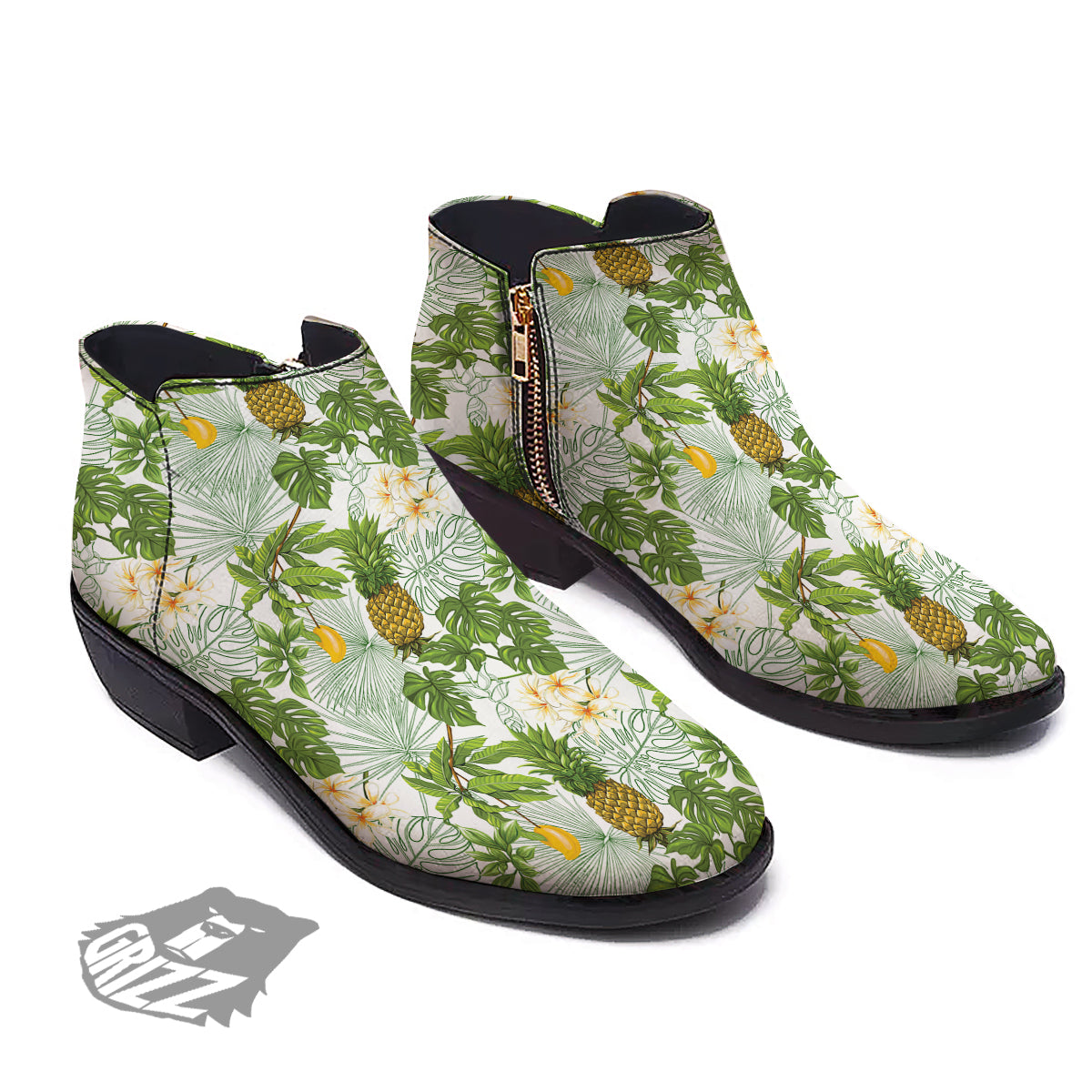 Pineapple Aloha White Print Pattern Ankle Boots-grizzshop