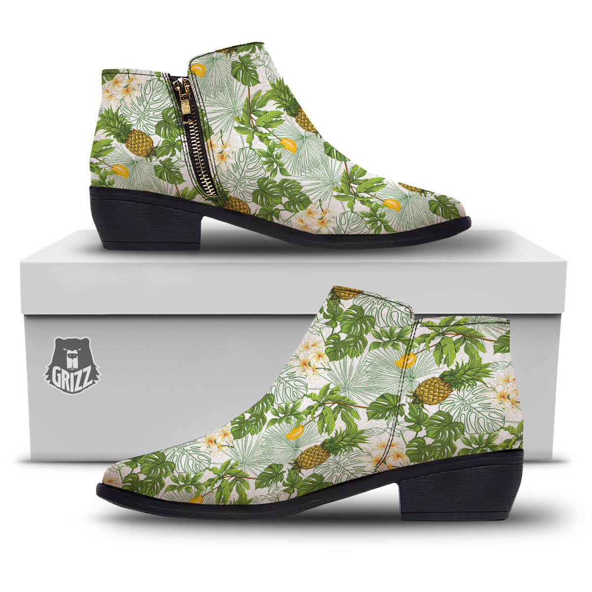 Pineapple Aloha White Print Pattern Ankle Boots-grizzshop