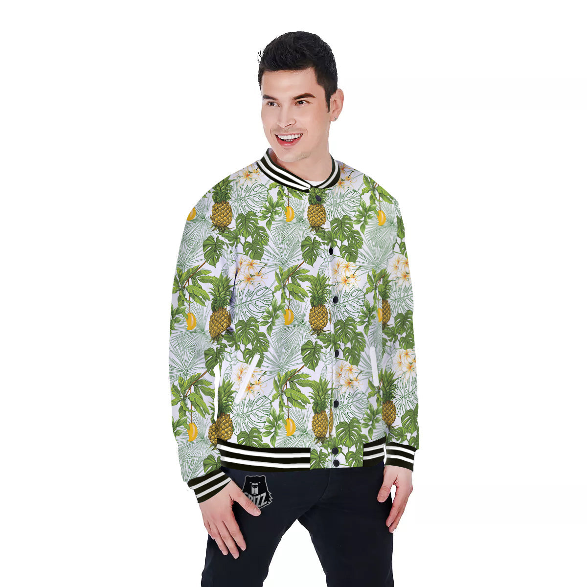 Pineapple Aloha White Print Pattern Baseball Jacket-grizzshop