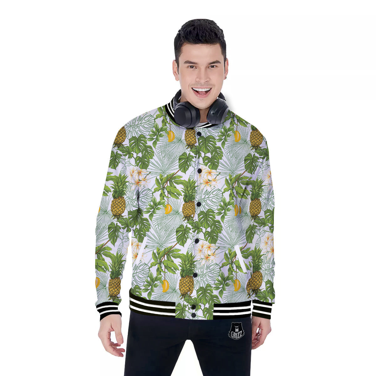 Pineapple Aloha White Print Pattern Baseball Jacket-grizzshop