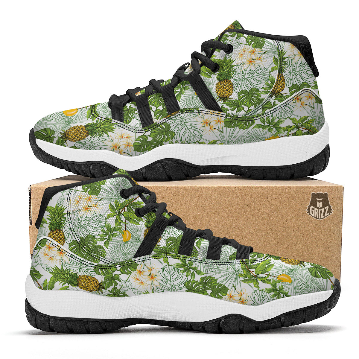 Pineapple Aloha White Print Pattern Black Bball Shoes-grizzshop