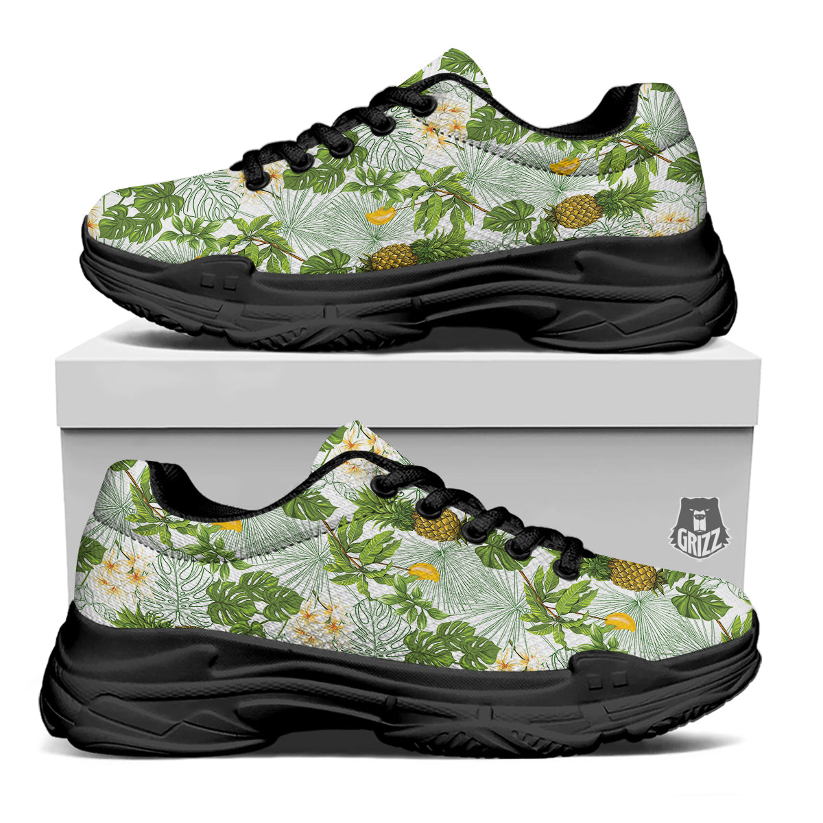 Pineapple Aloha White Print Pattern Black Chunky Shoes-grizzshop