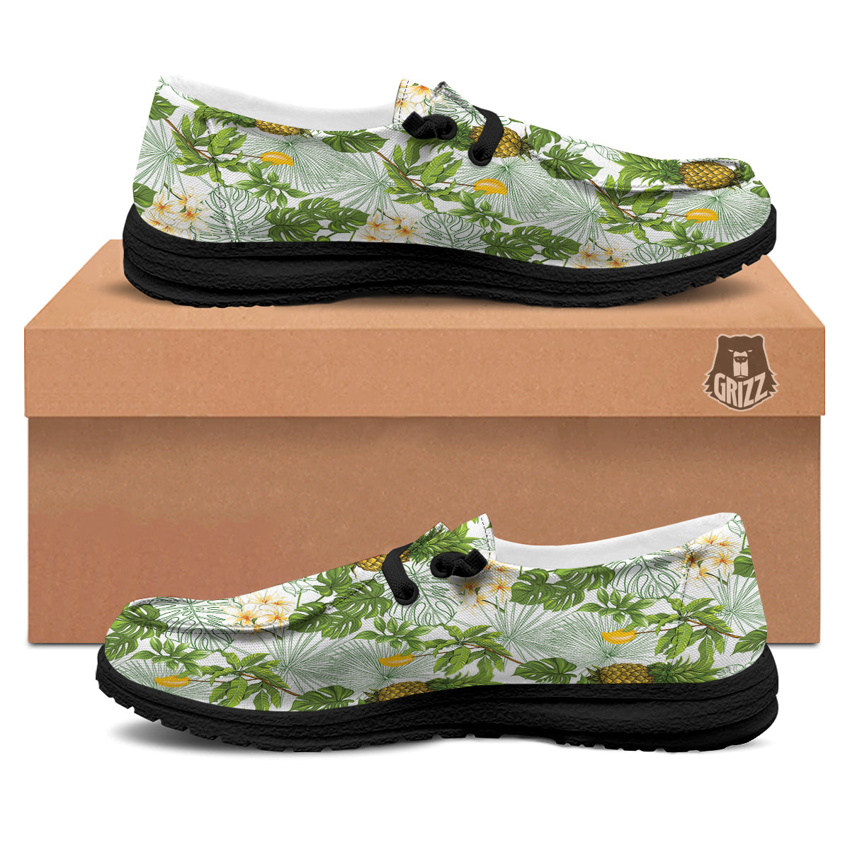 Pineapple Aloha White Print Pattern Black Loafers-grizzshop
