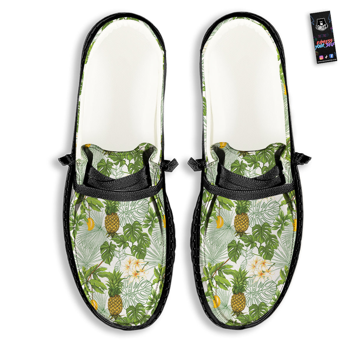 Pineapple Aloha White Print Pattern Black Loafers-grizzshop