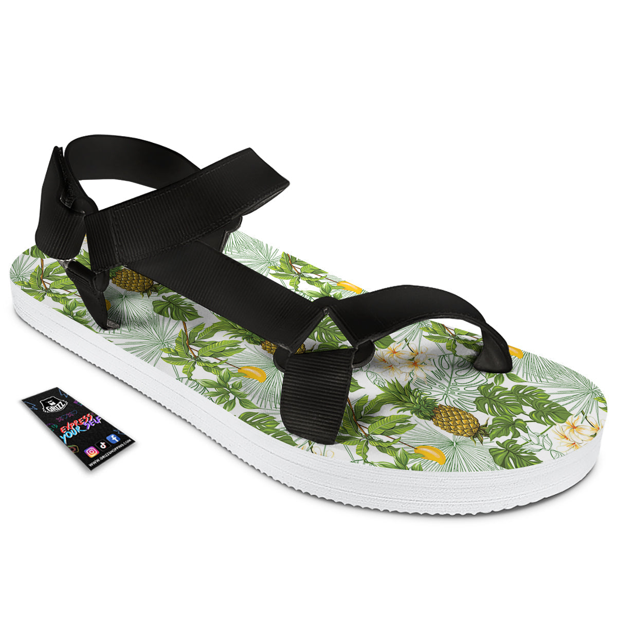 Pineapple Aloha White Print Pattern Black Open Toe Sandals-grizzshop