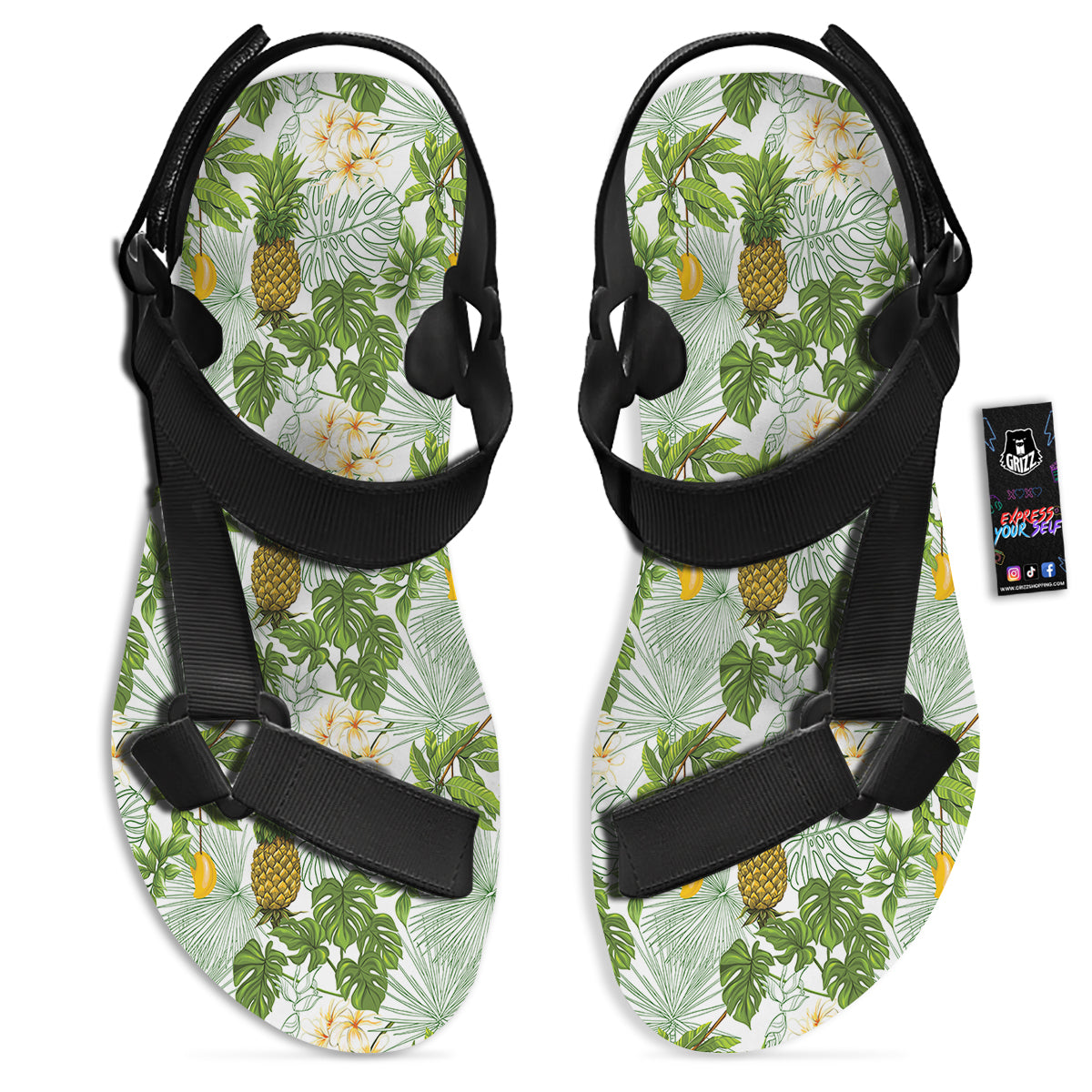 Pineapple Aloha White Print Pattern Black Open Toe Sandals-grizzshop