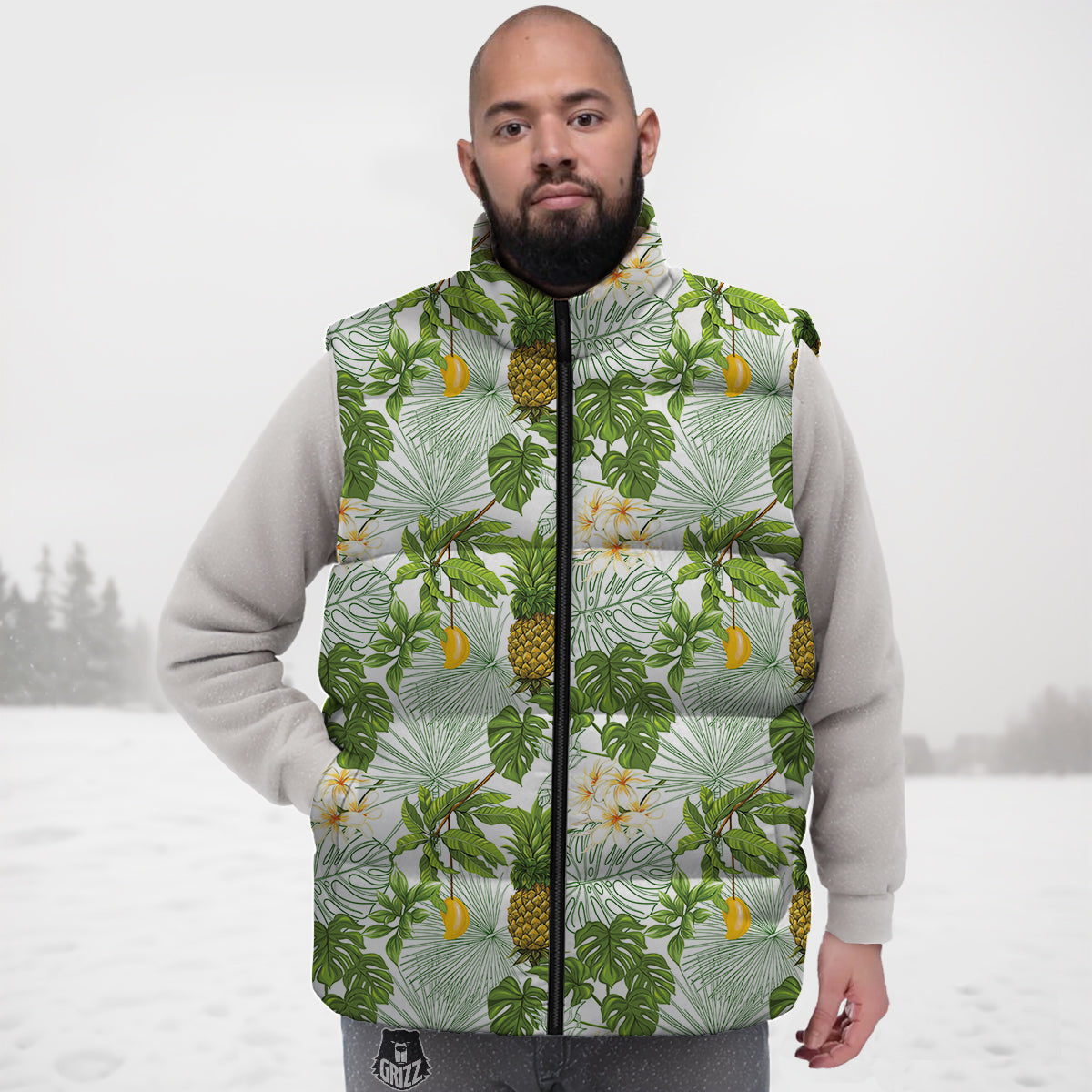 Pineapple Aloha White Print Pattern Down Vest