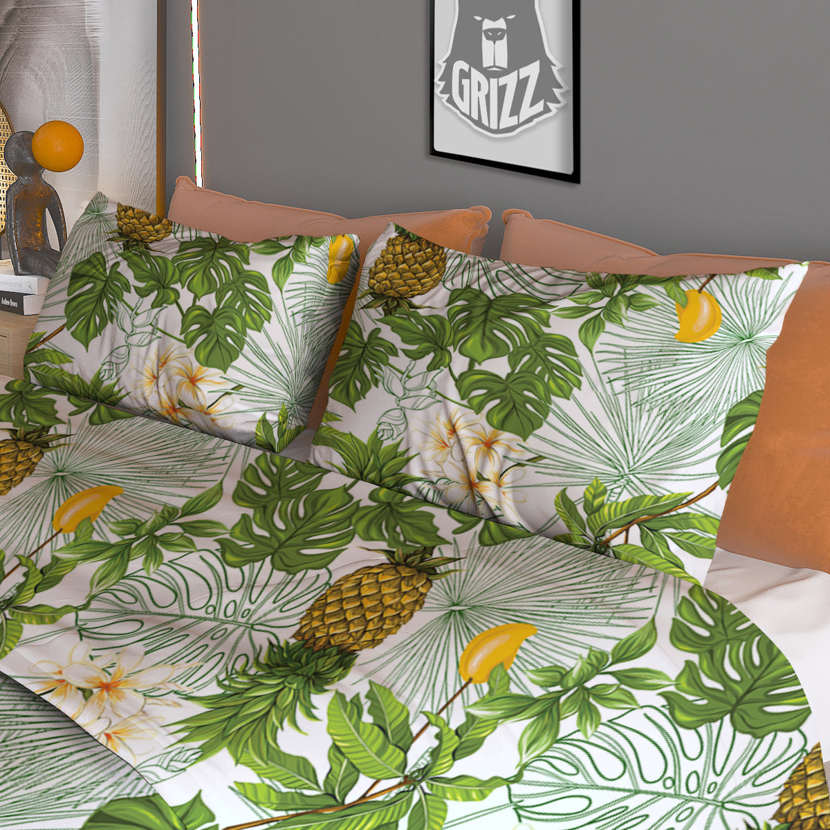 Pineapple Aloha White Print Pattern Duvet Cover Bedding Set