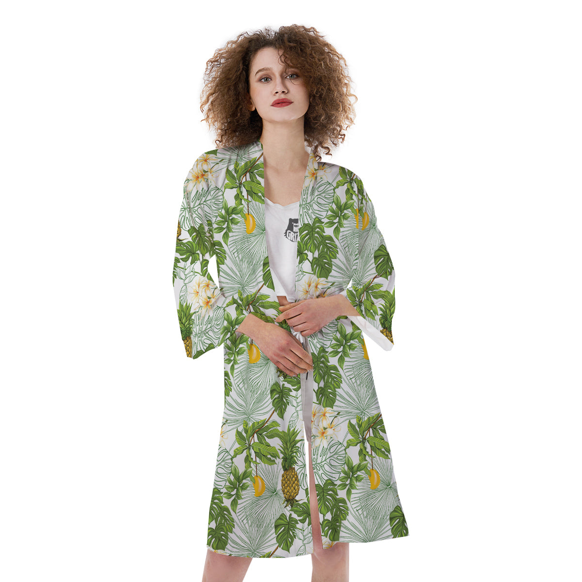 Pineapple Aloha White Print Pattern Kimono-grizzshop