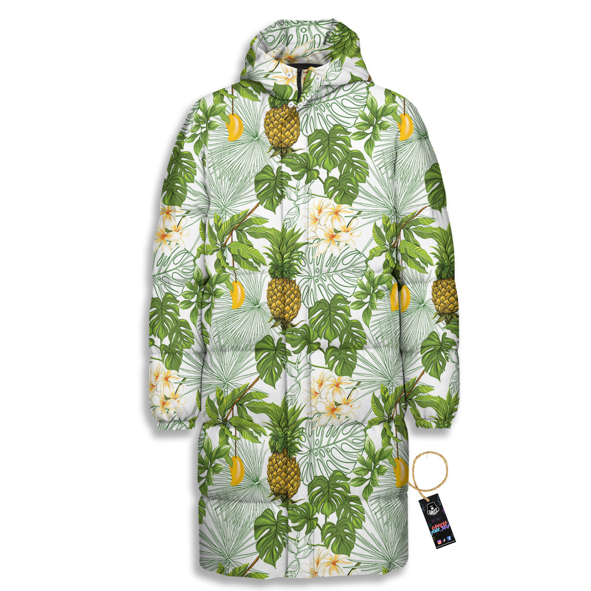 Pineapple Aloha White Print Pattern Long Down Jacket-grizzshop