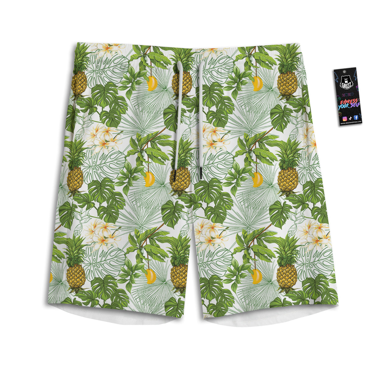 Pineapple Aloha White Print Pattern Men's Athletic Shorts