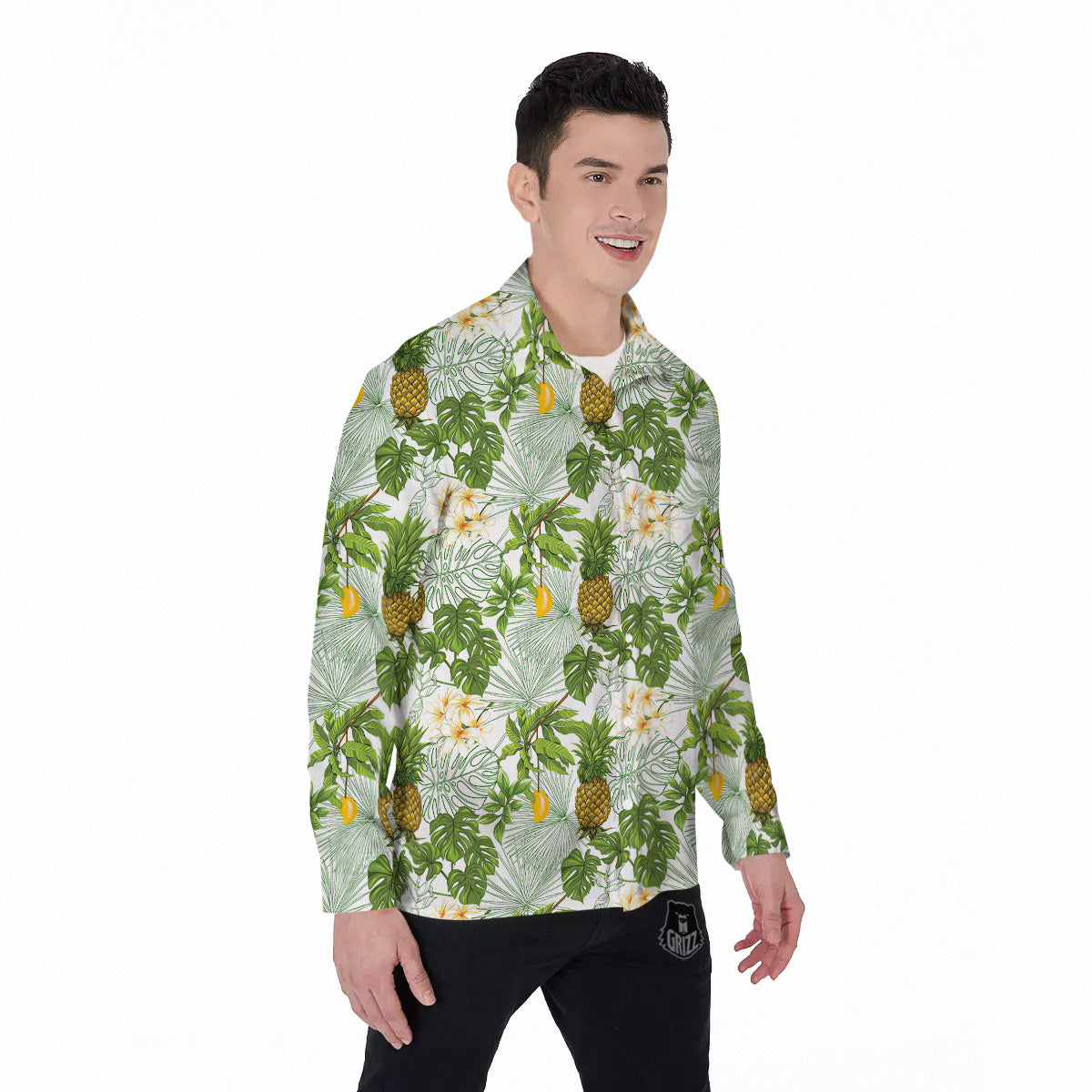Pineapple Aloha White Print Pattern Men's Long Sleeve Shirts