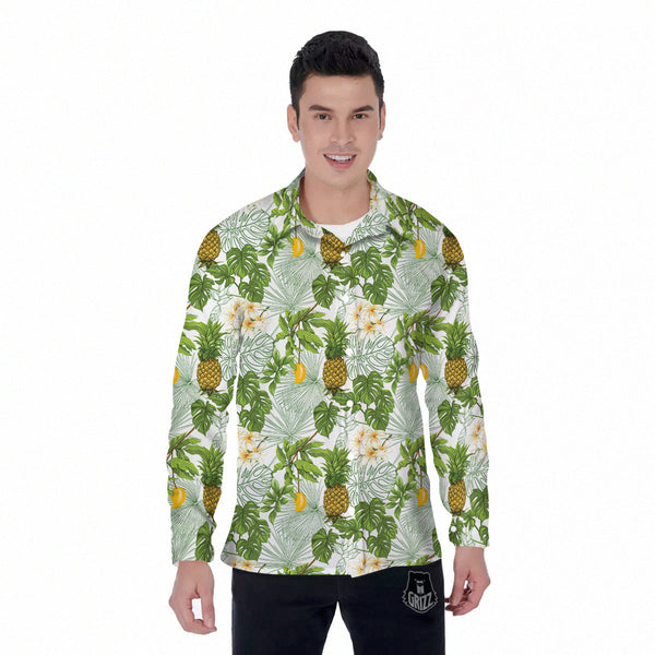 Pineapple Aloha White Print Pattern Men's Long Sleeve Shirts