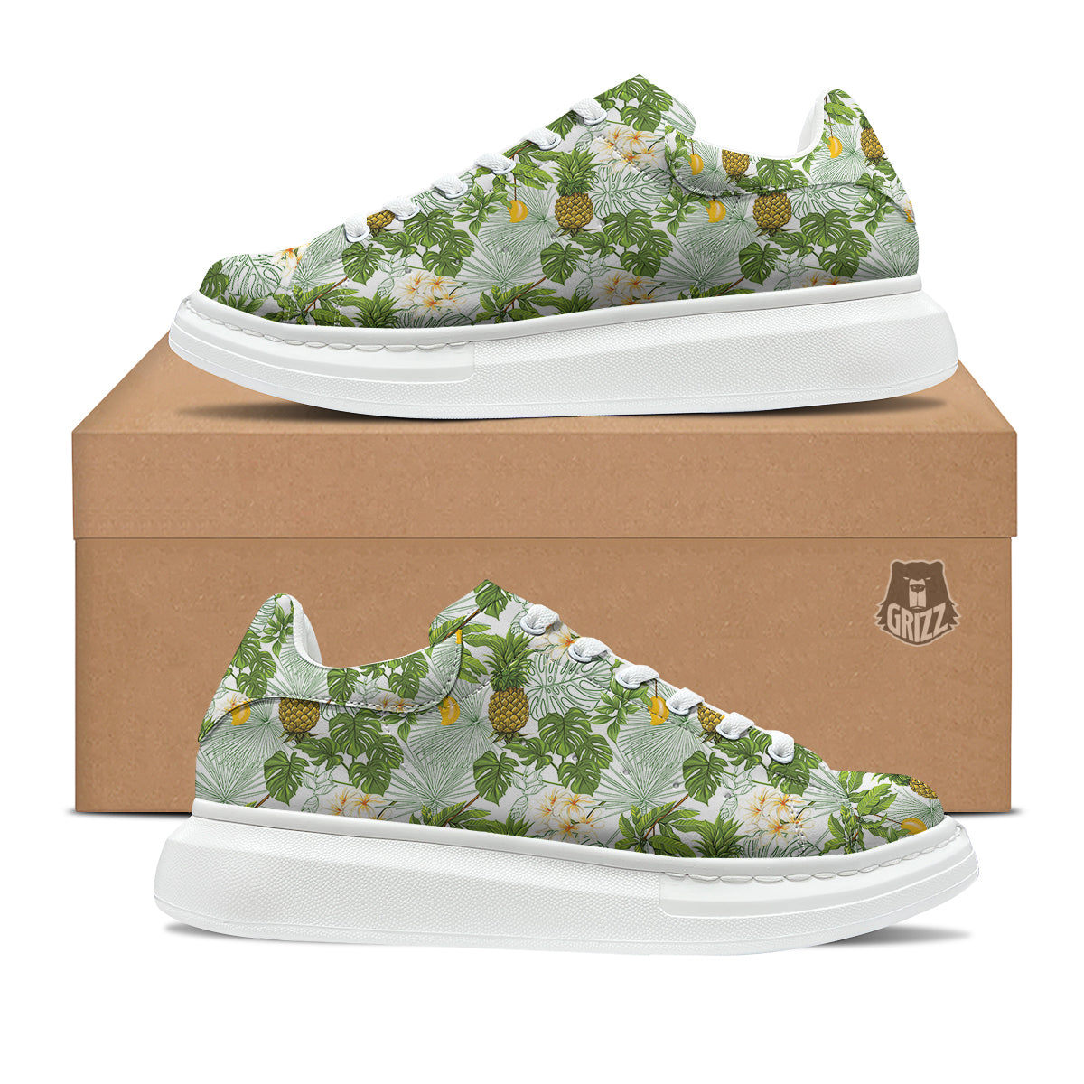 Pineapple Aloha White Print Pattern Platform Shoes-grizzshop