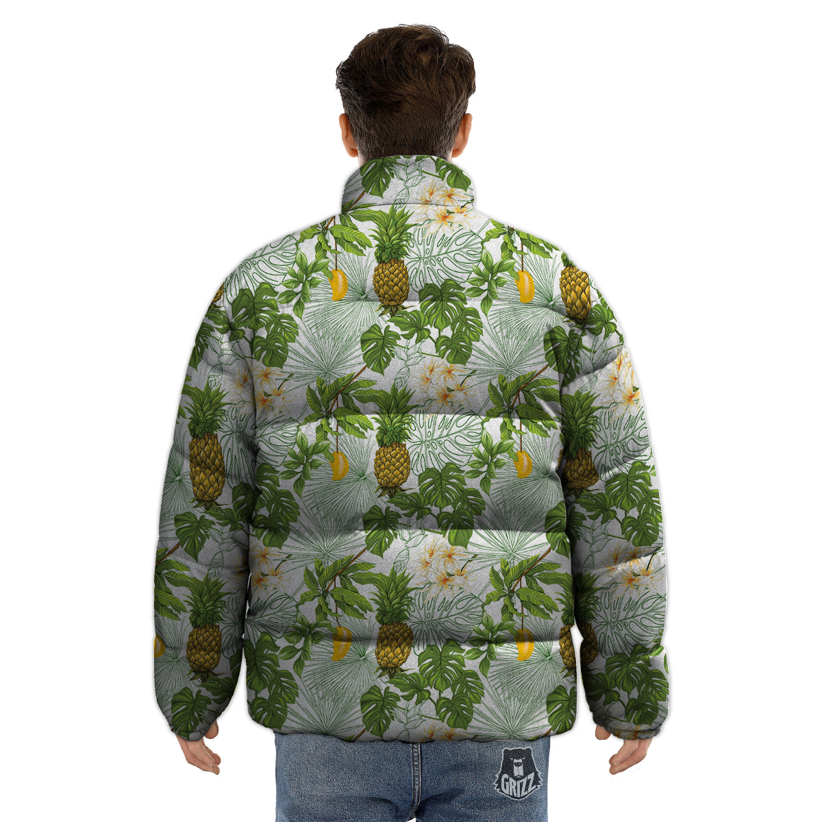 Pineapple Aloha White Print Pattern Puffer Jacket-grizzshop