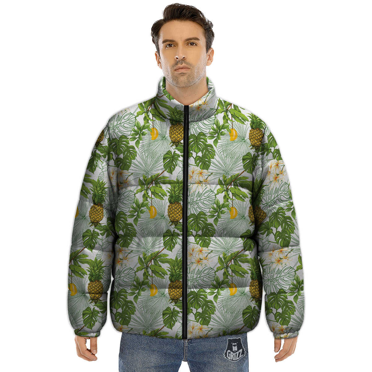 Pineapple Aloha White Print Pattern Puffer Jacket-grizzshop
