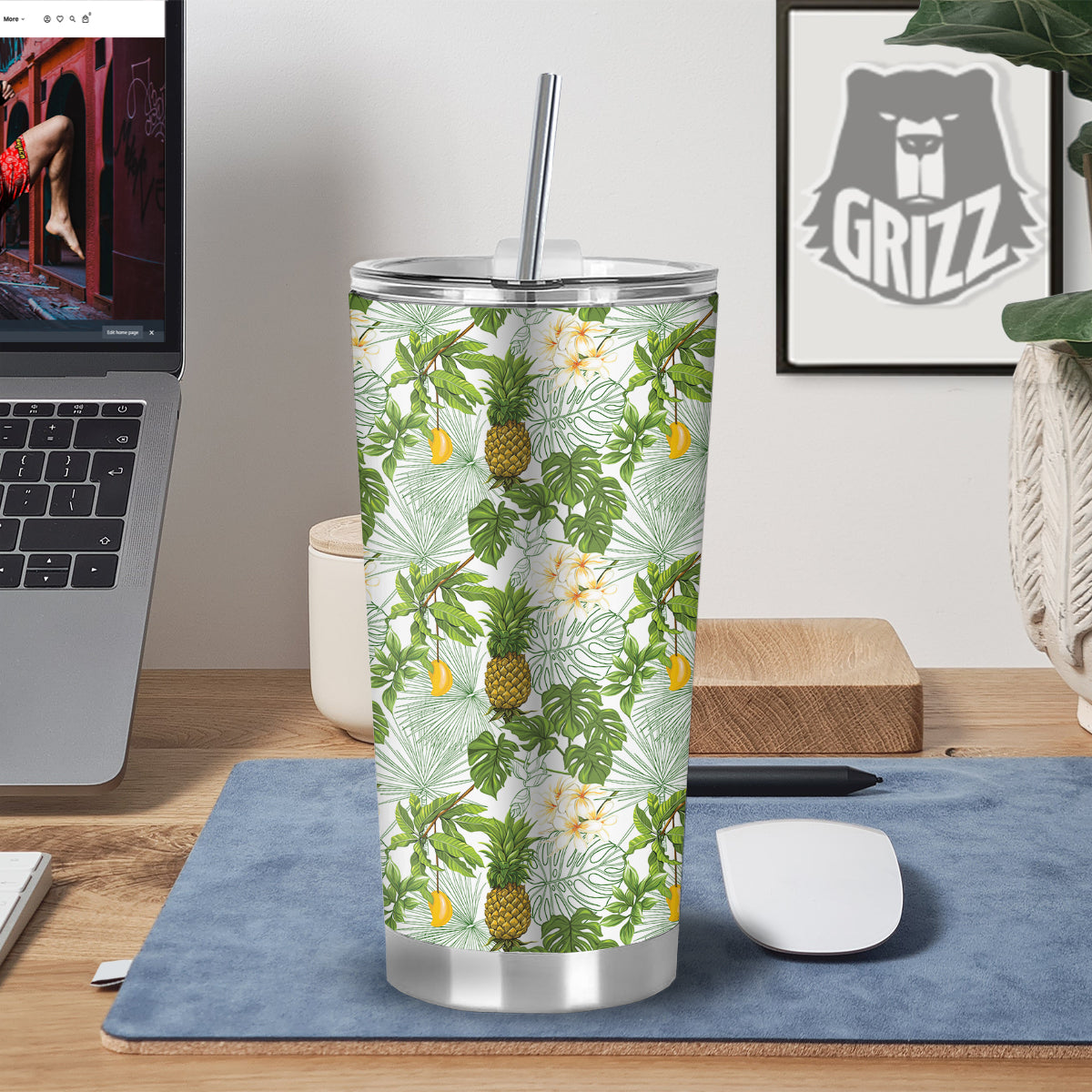 Pineapple Aloha White Print Pattern Tumbler-grizzshop