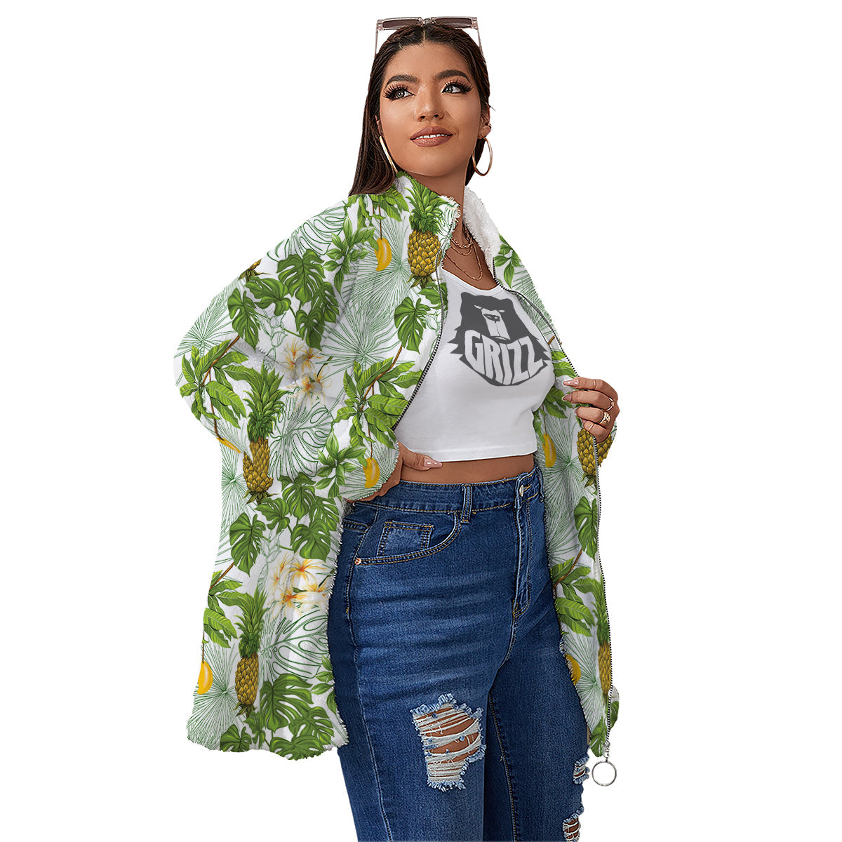 Pineapple Aloha White Print Pattern Women's Sherpa Jacket-grizzshop