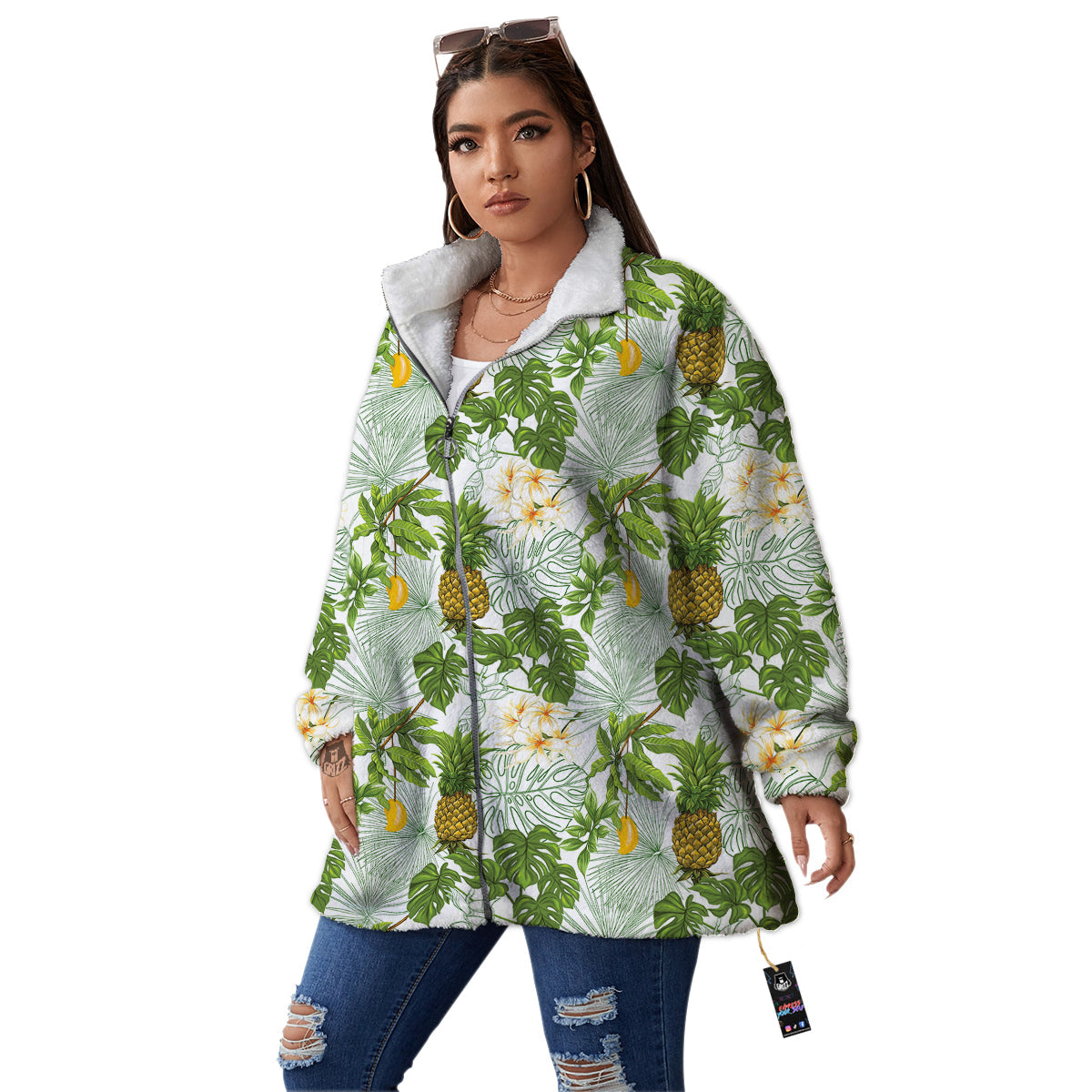 Pineapple Aloha White Print Pattern Women's Sherpa Jacket-grizzshop