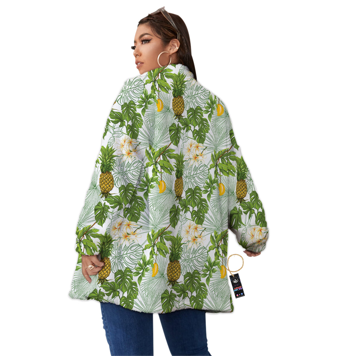 Pineapple Aloha White Print Pattern Women's Sherpa Jacket-grizzshop
