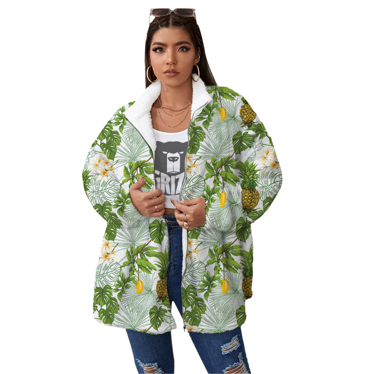 Pineapple Aloha White Print Pattern Women's Sherpa Jacket-grizzshop