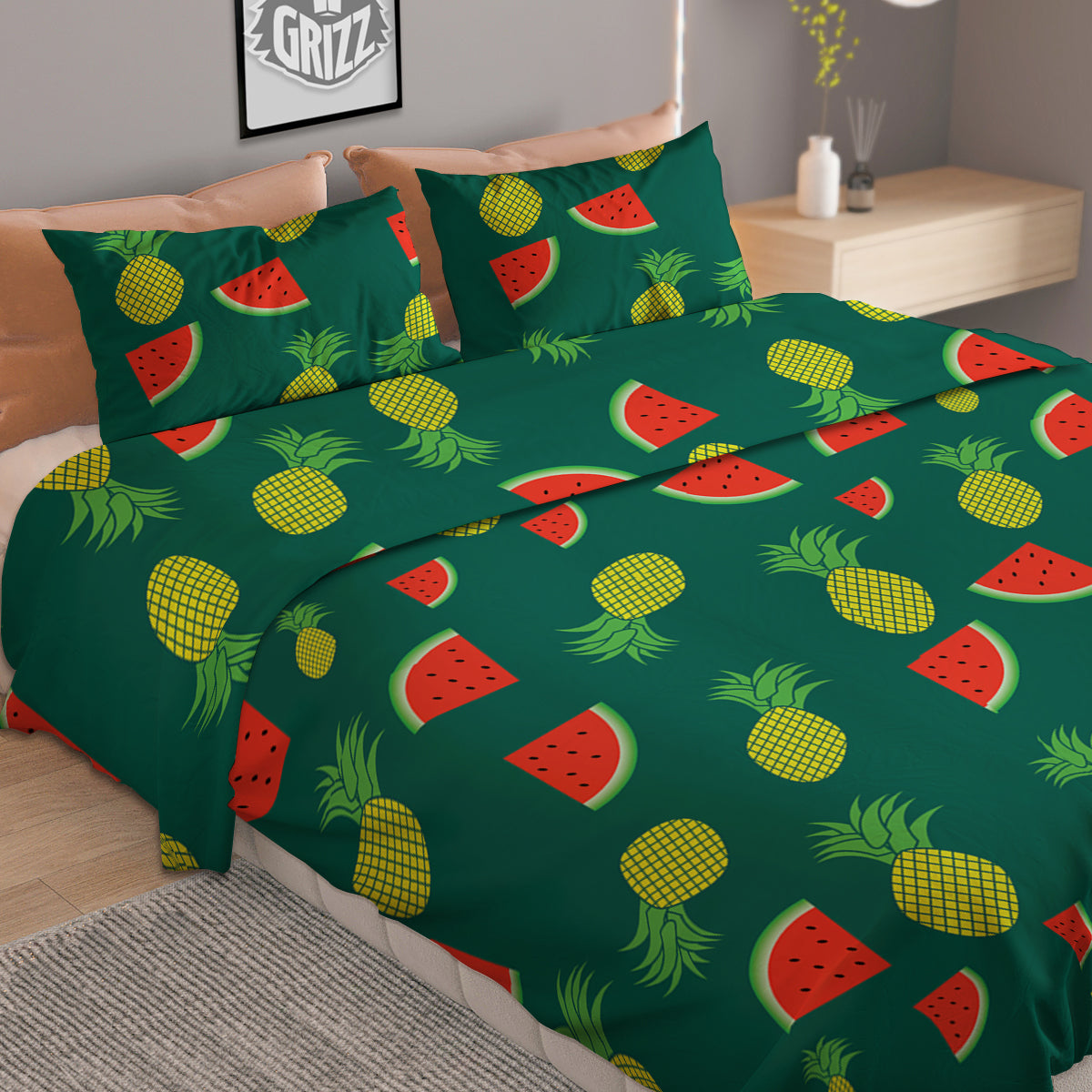 Pineapple And Tropical Watermelon Print Pattern Duvet Cover Bedding Set-grizzshop