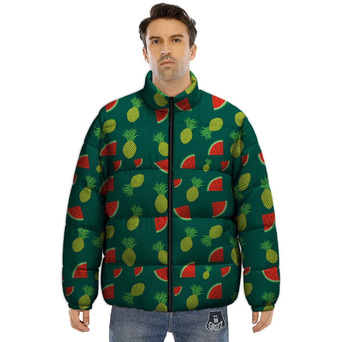 Pineapple And Tropical Watermelon Print Pattern Puffer Jacket-grizzshop