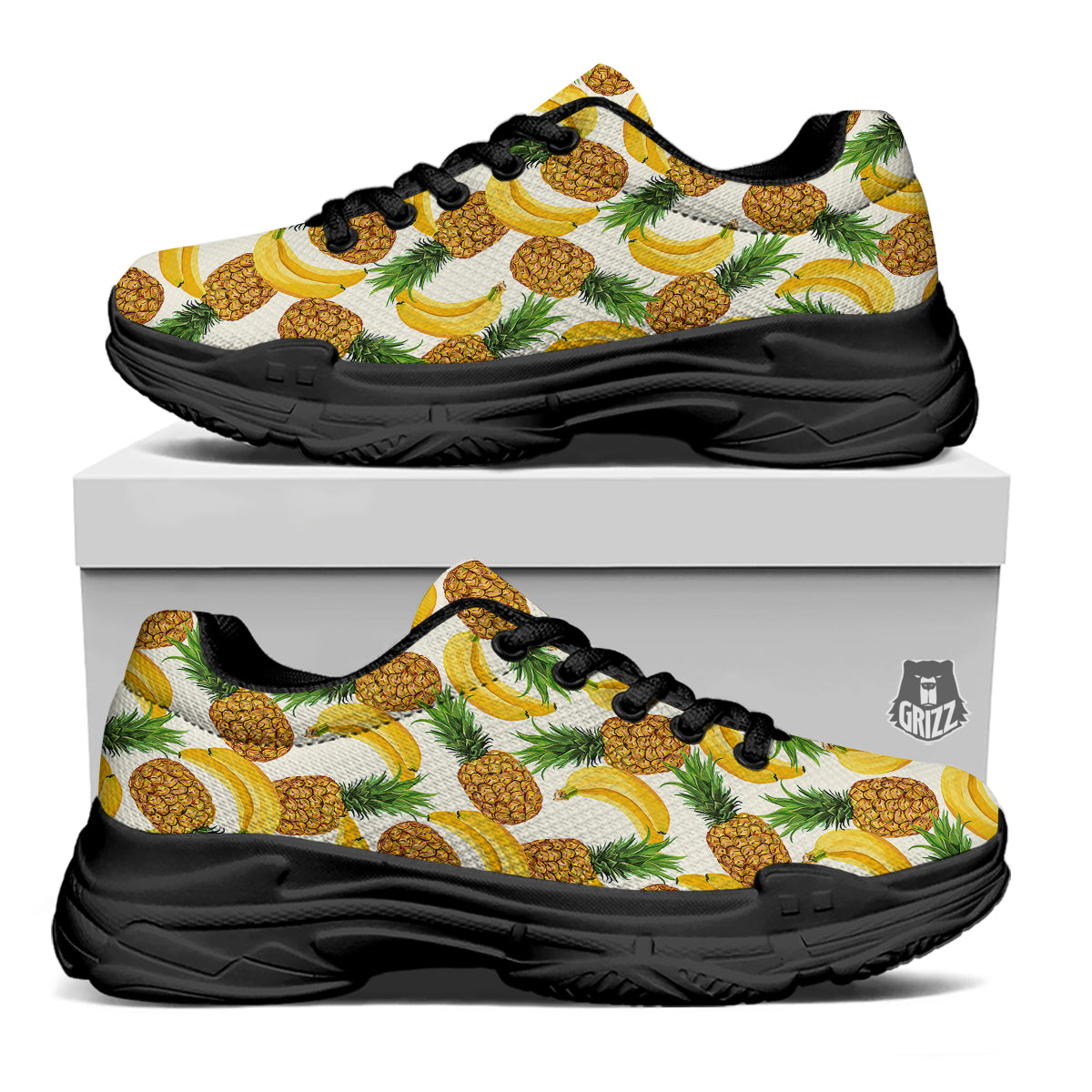 Pineapple Banana Print Pattern Black Chunky Shoes-grizzshop