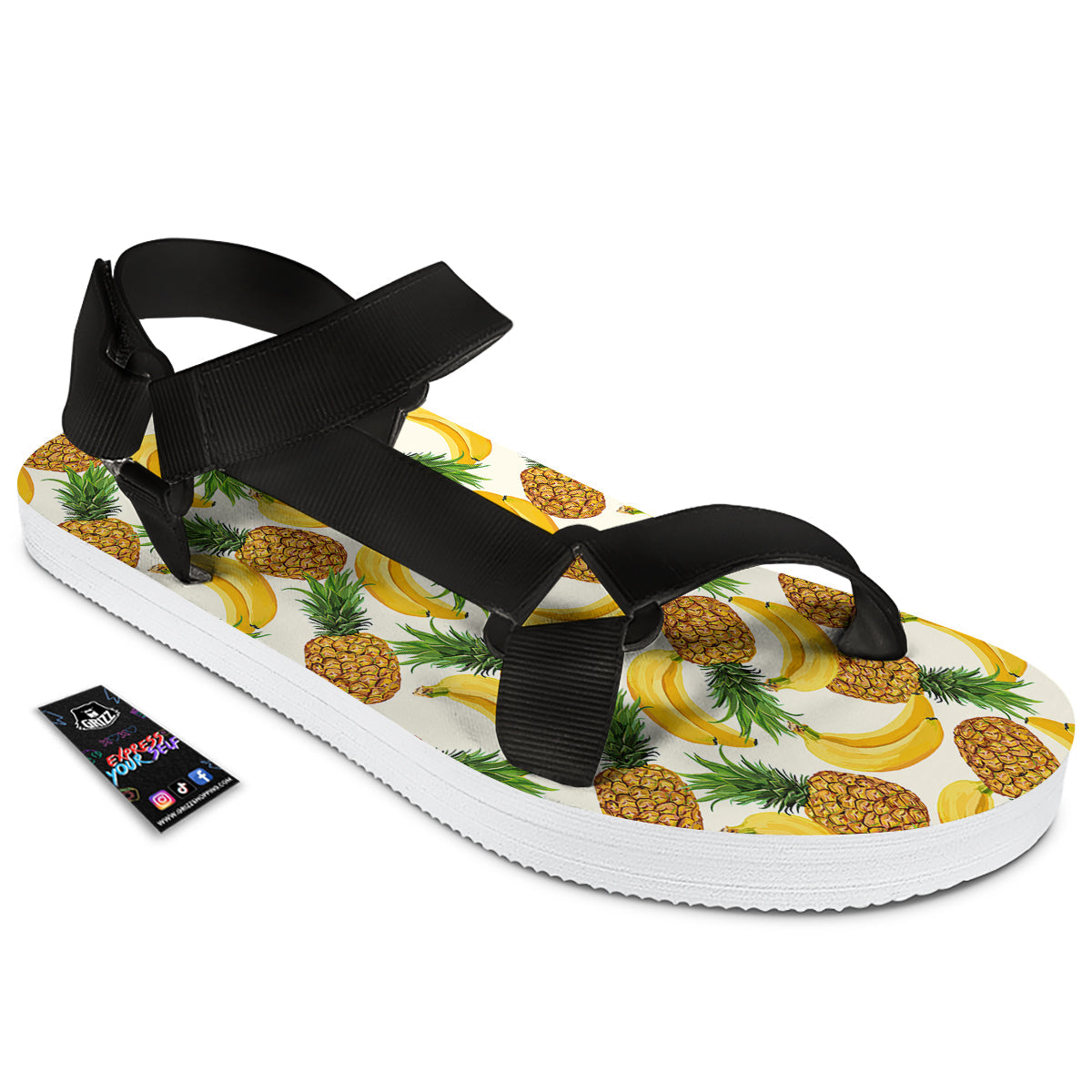 Pineapple Banana Print Pattern Black Open Toe Sandals-grizzshop