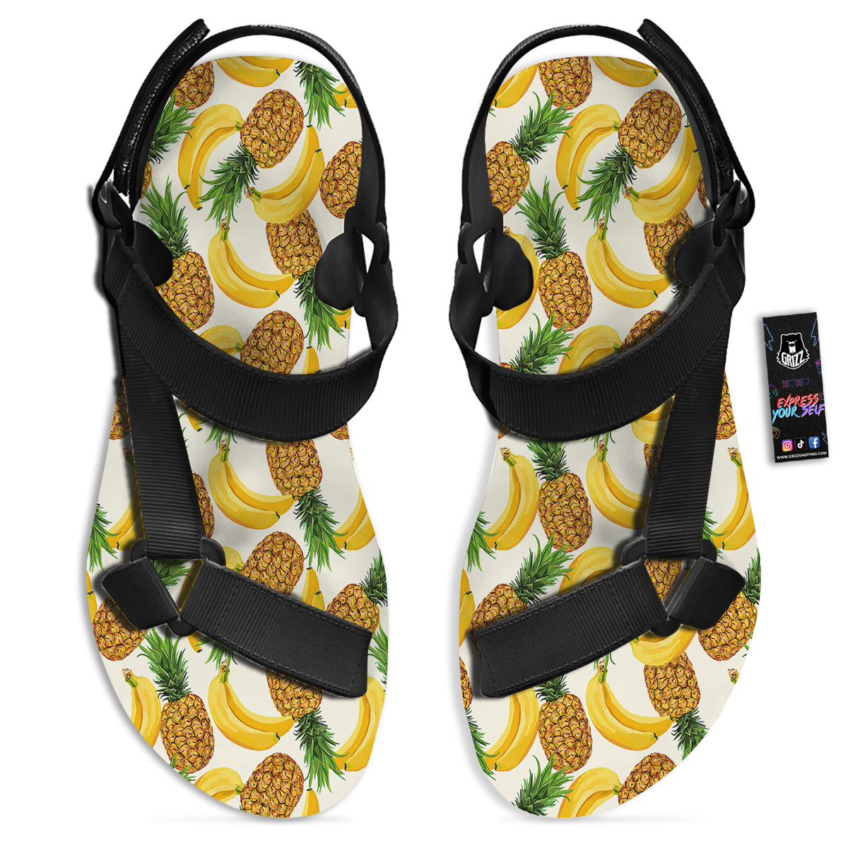 Pineapple Banana Print Pattern Black Open Toe Sandals-grizzshop